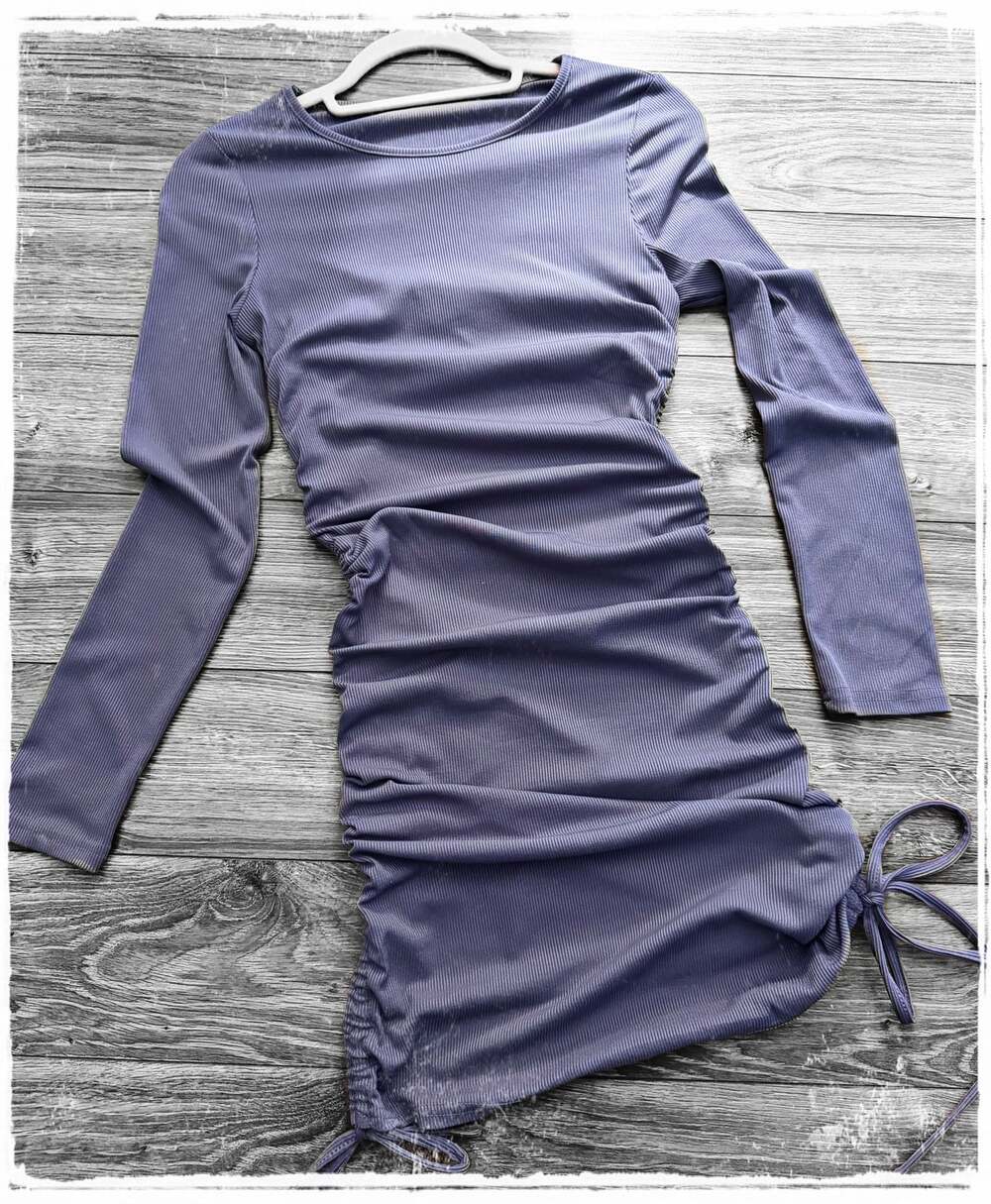 Hey Babe Ribbed Long Sleeve Ruched Drawstring Side Bodycon Mini Dress